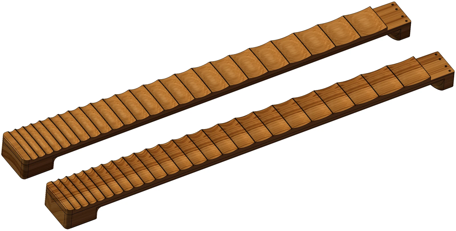 Two CAD views of guitar neck variants, including a scalloped fretboard and a wood-textured digital preview