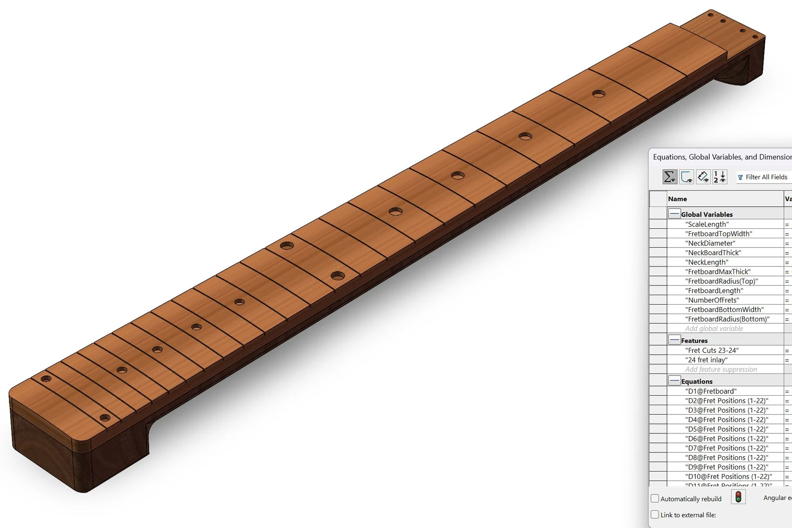 SolidWorks fretboard model beside its table of 11 driving variables