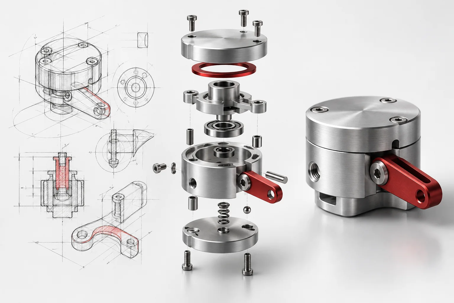 Concept illustration of a mechanical assembly progressing from sketch to exploded model to prototype