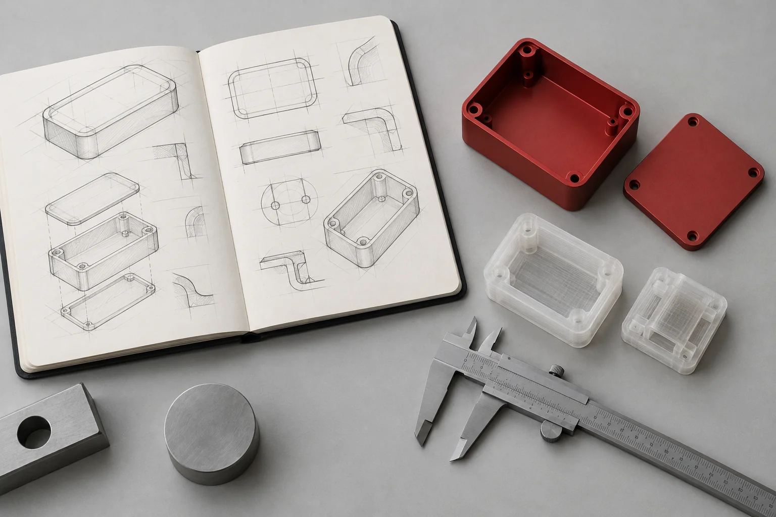 Concept illustration of sketches, a prototype enclosure, test pieces and measuring tools